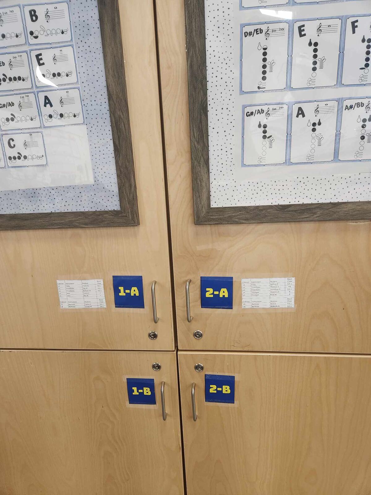 Labelled instrument storage cupboards in Sarah's band room